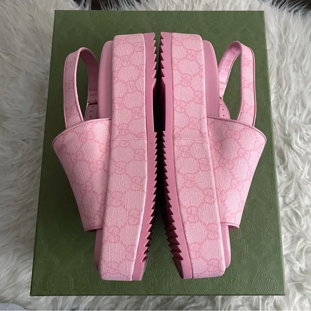Gucci Angelina Pink GG Supreme Coated Canvas Slingback Platform Sandals 38 - Picture 15 of 16
